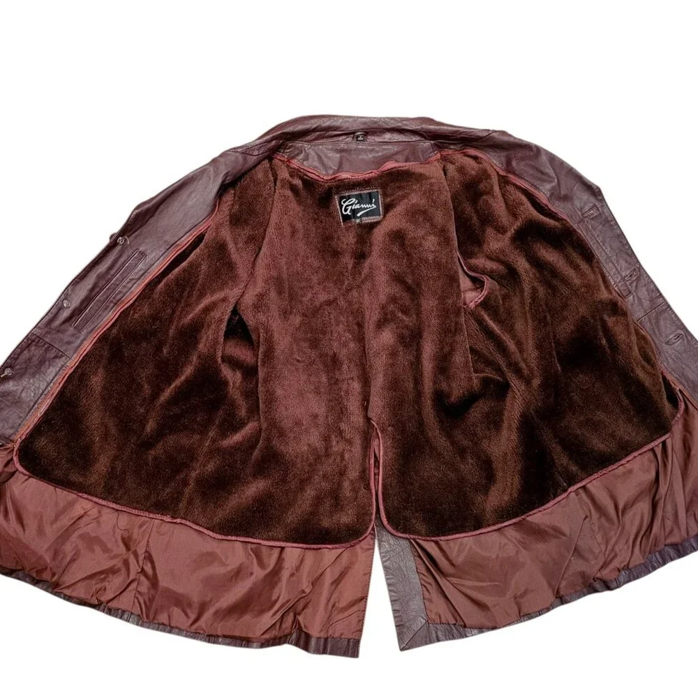 70s Dark Cherry Red Brown Leather‎ Coat Removable Sherpa Liner Sz 50 XL Disco